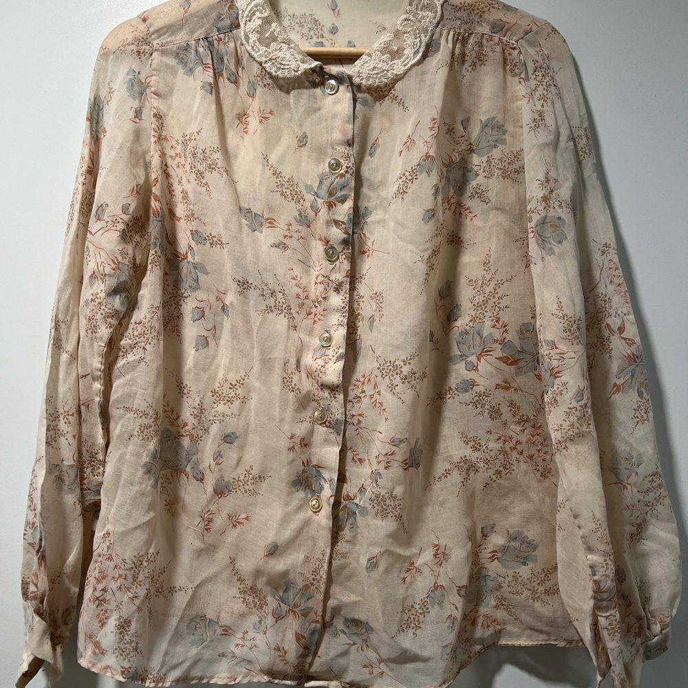 Vintage Floral Lace Collar Blouse - Cream and Blue